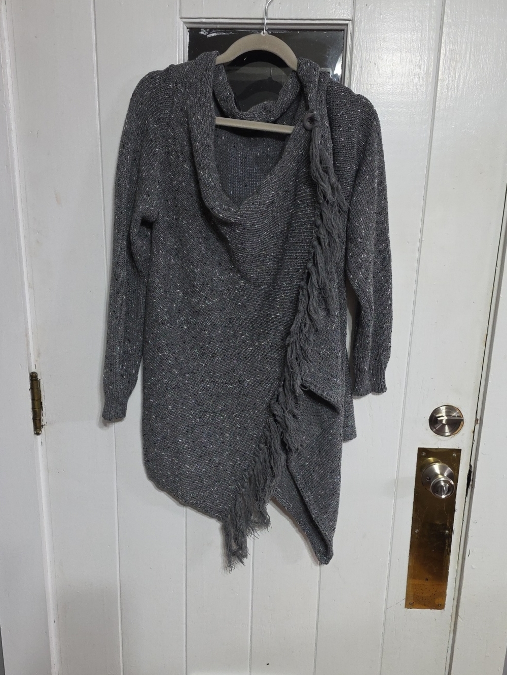 Ceasikery Women's Sweater Cardigan Wrap Gray Speckle Fringed Button Sz XXL EUC